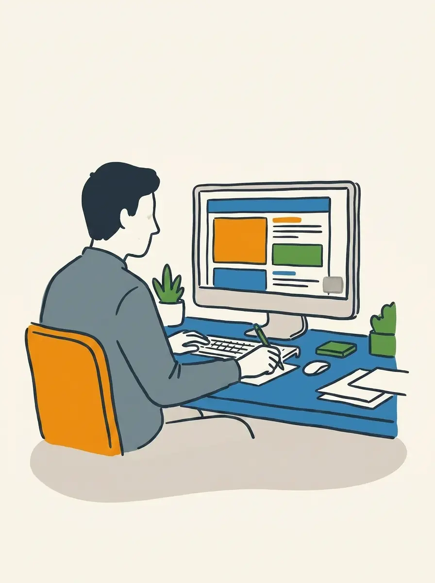 An ordinary office worker at a Microsoft 365 setup with Copilot visible but unused in the corner