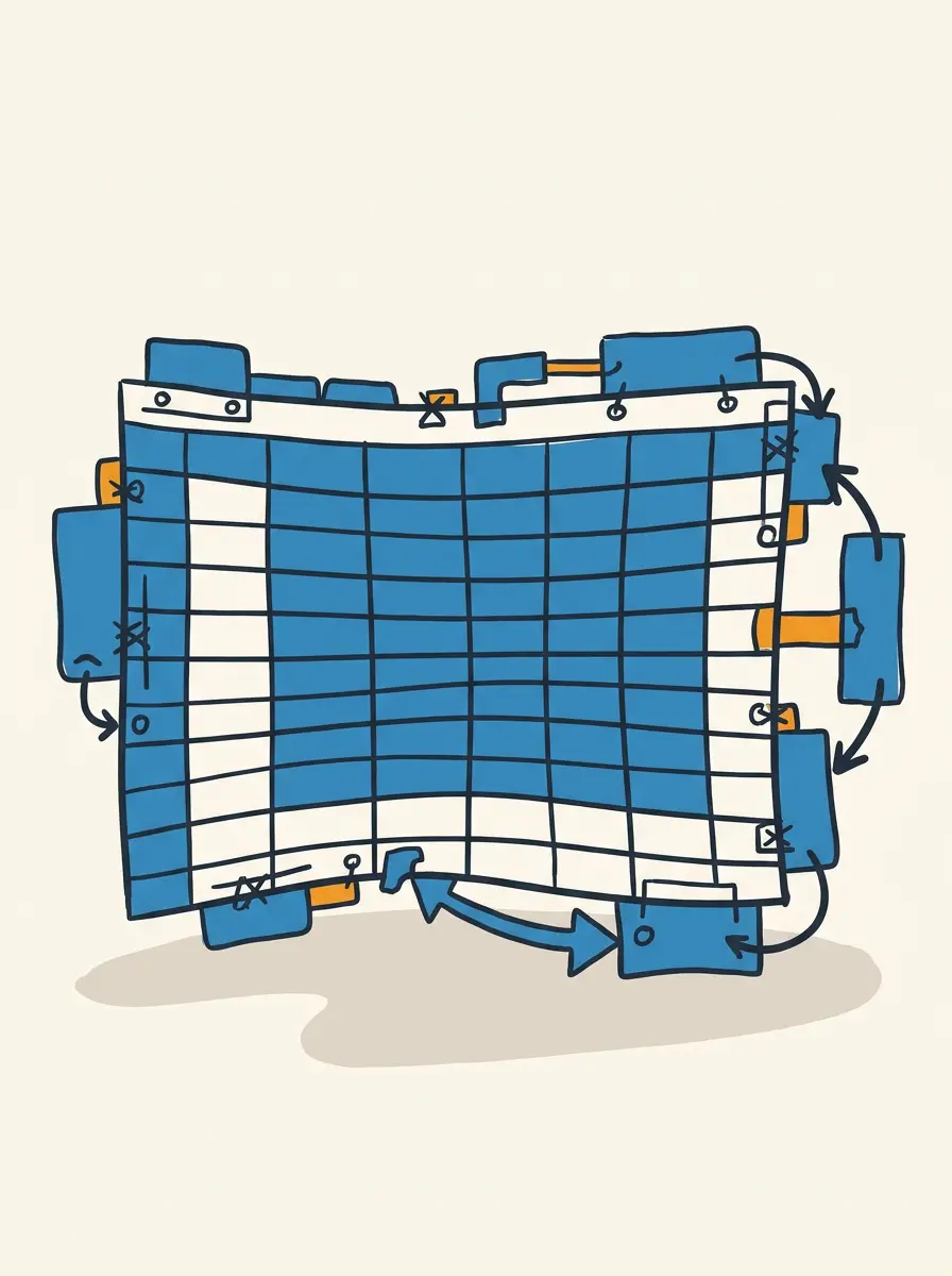 A flat-geometric illustration of a spreadsheet over-stretched with workaround connectors