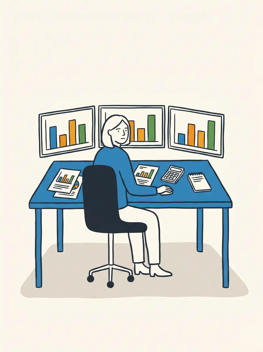A composed professional-services scene of scattered reporting across screens and printouts mid-reconciliation