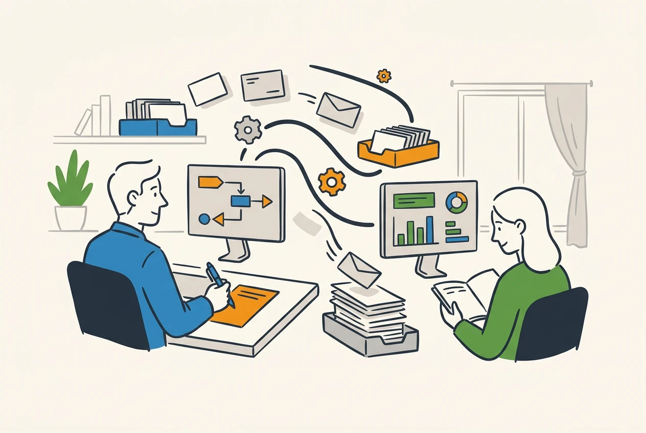 A modern, calm office with two people and automated flows — hirevolution