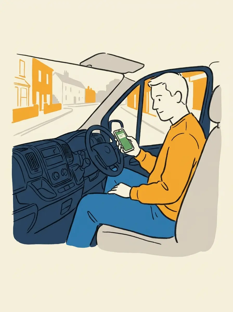 A trade owner in the van, phone showing a clean captured-lead notification