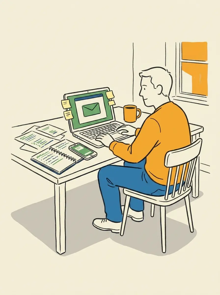 An owner-operator at a small business desk surrounded by a notebook, phone, laptop, and sticky notes