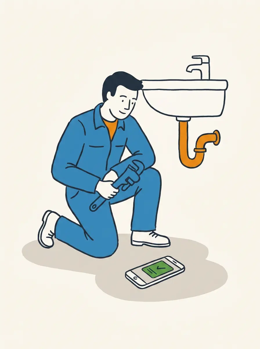 Illustration: a plumber working while a captured call notification waits on the phone beside them
