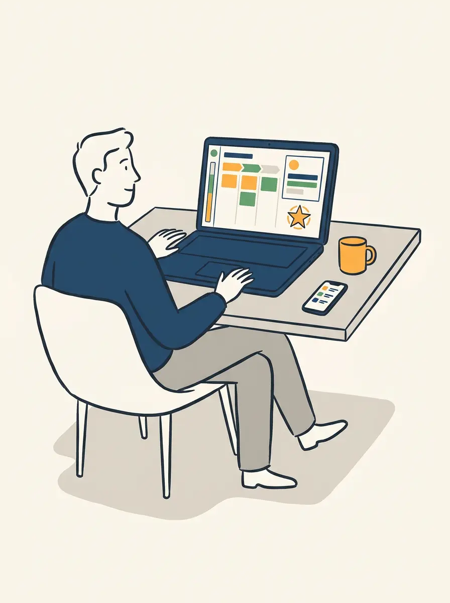 Illustration: a small-business owner running leads, follow-ups and reviews from one dashboard