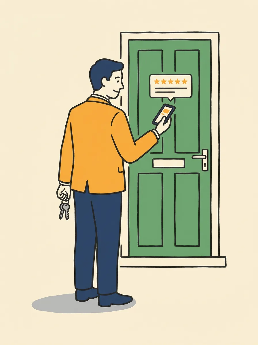 Illustration: a UK letting agent checking a phone that shows a fresh five-star review notification at the end of a viewing