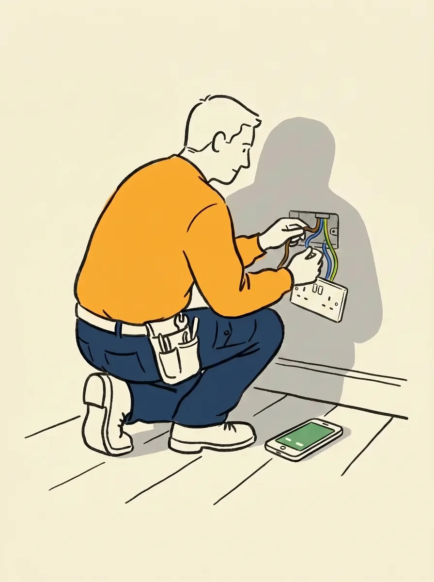 An electrician crouched at a wall socket, both hands busy on the job, while a mobile phone lies on the floorboards beside them showing an incoming call unanswered.