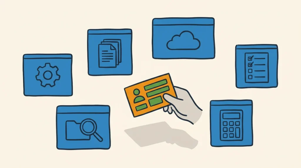 Six separate software app-window tiles scattered across a cream ground with clear gaps between them and no connecting lines — a pair of hands carries a customer-detail card across the empty space between two tiles, showing the manual effort of moving information between disconnected business tools