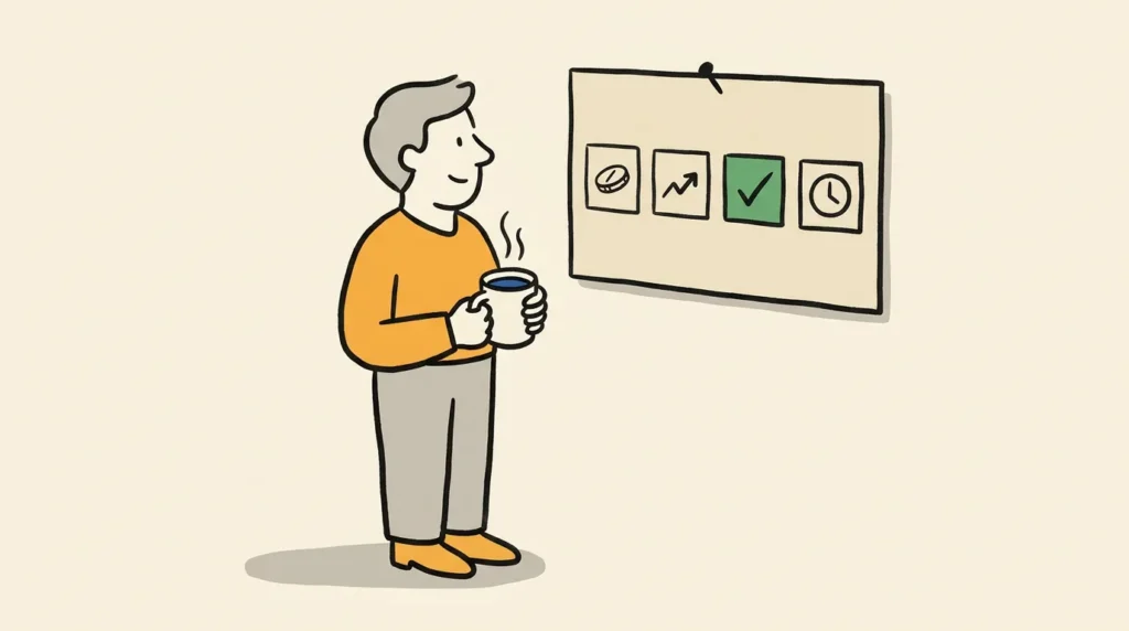 A small-business owner glances at a pinned wall card showing four spare tiles, one picked out in meadow green — a calm Friday check of the week's key numbers.