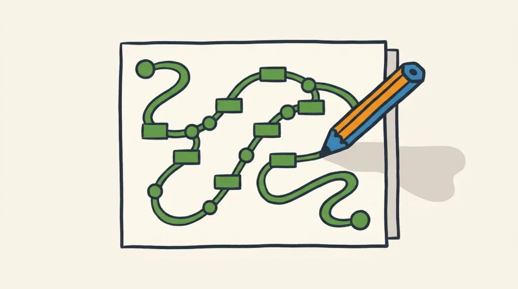 A top-down view of a single sheet of paper on a plain table, a hand-drawn winding path of step-boxes and dots in meadow green tracing a customer journey from one corner to the other, a pencil resting mid-stroke to show the map is still being drawn before any automation is built.