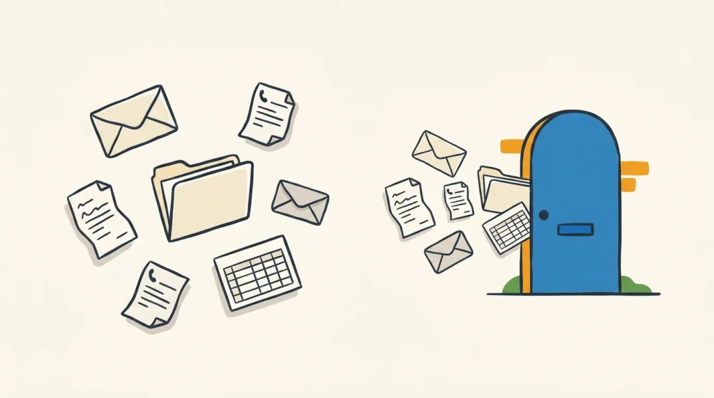 Scattered admin items — envelopes, message slips, a folder and a spreadsheet sheet — converging into one calm ink-blue doorway with a letter-slot, showing what a customer portal consolidates into a single access point.