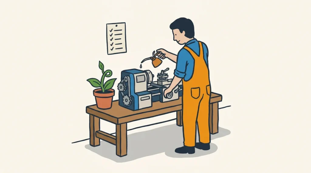 A person in everyday work clothes tends a steadily-running desktop machine on a workbench, oil can in hand; a healthy potted plant with a fresh new shoot sits alongside, and a small card of routine ticks hangs on the wall — the quiet, ongoing maintenance that keeps a live system in good order.