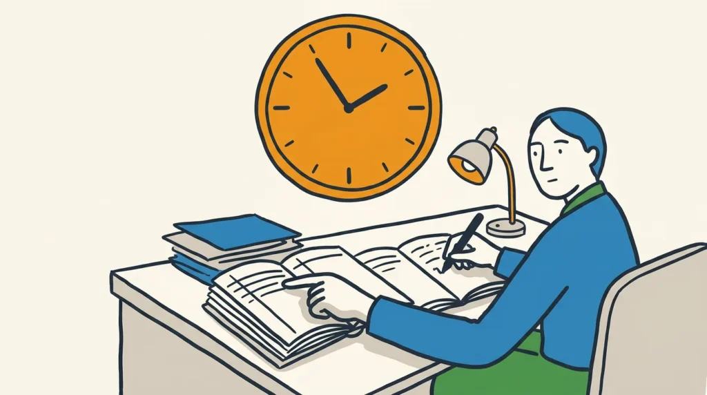 A person at a desk hand-copying figures between two open paper ledgers, a large sun-orange wall clock above — showing how manual reporting consumes skilled time.