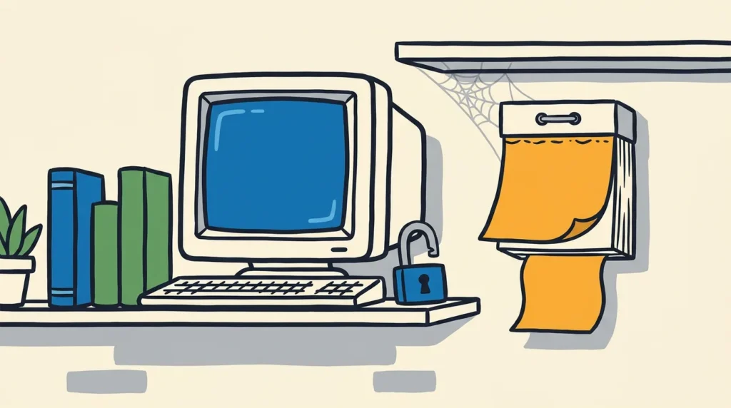 Editorial illustration: a peopleless UK office shelf still-life — an older boxy desktop computer beside a tear-off wall calendar whose top leaf has curled forward past its date in sun orange, a small open padlock resting against the machine, and a faint cobweb in the corner — the quiet lapse of a system left past its support date.