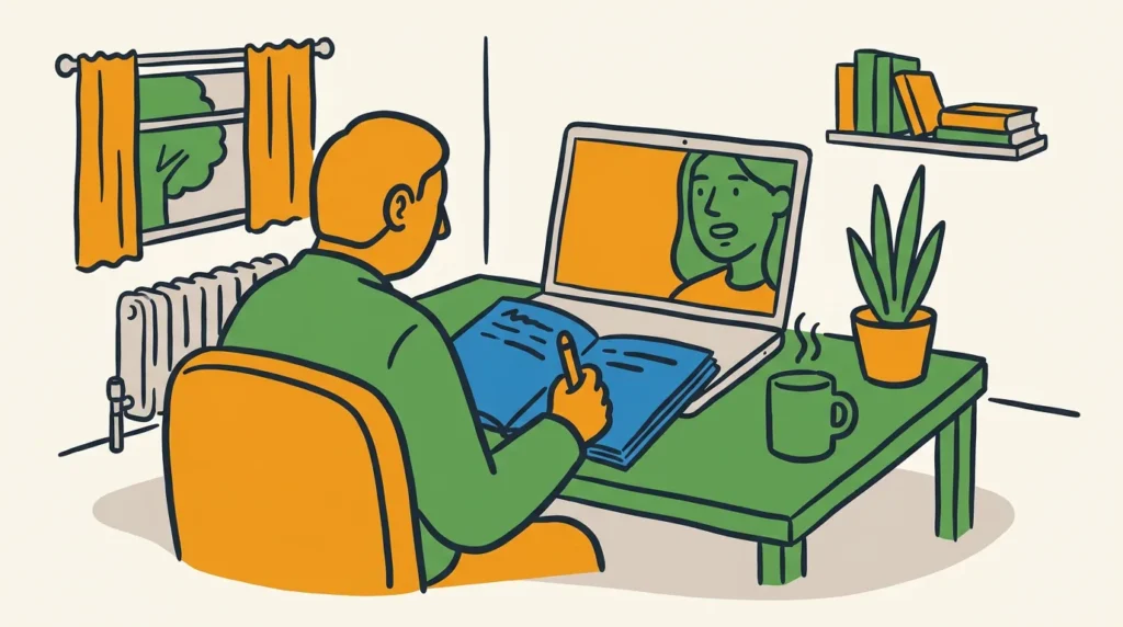 A supplier seen from behind sits at a desk with an open ink-blue notebook, listening attentively to a business owner on a video call — the calm, unhurried feel of a genuine discovery conversation before anything is sold.