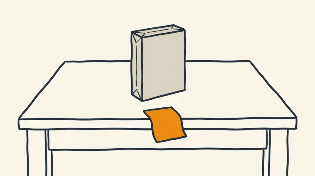Editorial illustration: a brand-new shrink-wrapped software box sits prominently on a UK office desk in muted stone grey, while a single handwritten enquiry note in warm sun orange has slipped down behind the desk edge, curling and forgotten — the new tool got the attention and the money while the real lead quietly went cold.