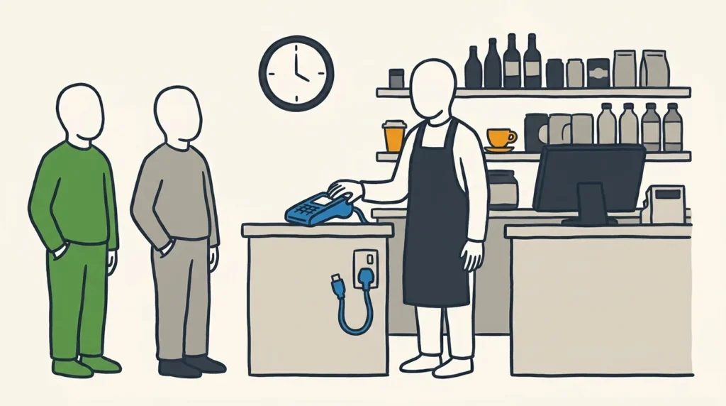 A small café counter stalled mid-service — the card reader dead and its cable visibly unplugged, the connector hanging loose just out of its wall socket, while the owner pauses with a hand on the dead reader and two customers wait, a wall clock marking the outage.