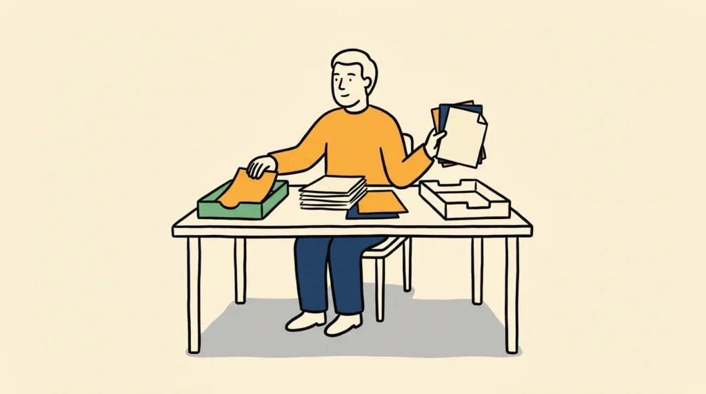 A small-business owner at a plain desk sorts everyday paperwork into two wooden trays — routine sheets going calmly into the meadow-green left tray, trickier specialist documents held back for the right — showing the unhurried triage of deciding which tasks are safe to hand over and which to keep.