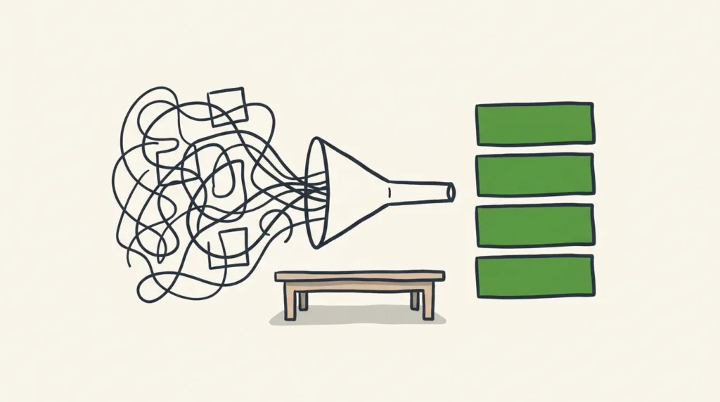 A flat top-down diagram of tangled lines on the left funnelling through a shape into a clean meadow-green stack of ordered rectangles on the right — the moment a vague automation want becomes a sequenced plan.