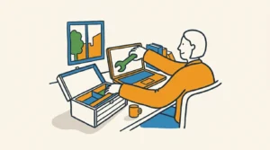Editorial illustration: a UK agency worker at a tidy desk reaches into an open toolbox to pick up a single new tool picked out in meadow green, putting it straight to use on their laptop — the quiet moment of adding an automation capability without hiring.