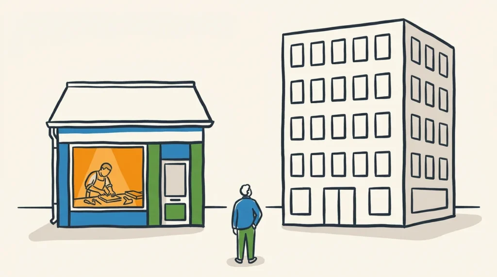 Two UK premises side by side: a small workshop with one sun-orange lit window and an owner at the bench, beside a tall impersonal office block of blank windows, a figure from behind weighing the choice — the honest trade-off between a small agency and a big one.