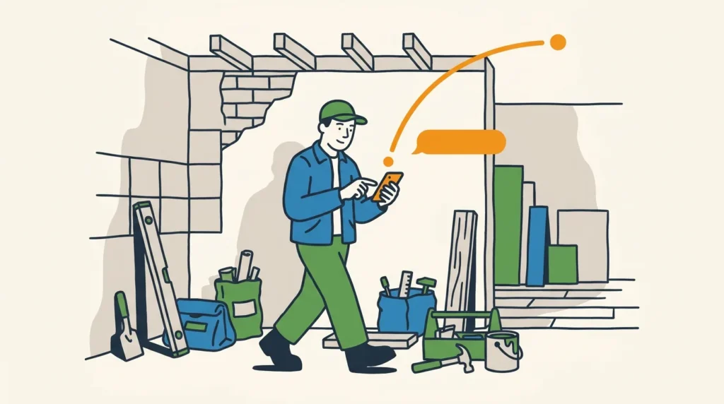 A UK tradesperson pausing mid-job to glance at their phone and tap a quick reply the moment a new enquiry lands, a small sun-orange arc lifting away from the phone to show the acknowledgement already on its way back — the prompt response that keeps a warm lead warm.