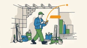 A UK tradesperson pausing mid-job to glance at their phone and tap a quick reply the moment a new enquiry lands, a small sun-orange arc lifting away from the phone to show the acknowledgement already on its way back — the prompt response that keeps a warm lead warm.