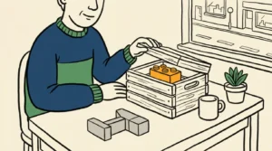 A small-business owner at a tidy desk lifting the lid off a freshly delivered wooden crate, a single sun-orange modular building block arriving to slot beside plain assembled blocks already on the desk — a calm, matter-of-fact illustration of a useful update quietly adding to what is already built.
