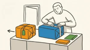 A worker at a partner's desk seals a completed job in their own ink-blue branded wrapping to send out as theirs, while a plainer parcel already passed along under someone else's label sits to one side — the quiet decision of whether work goes to the client under your name or another's.