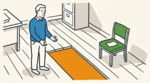 A worker stands on one side of a sun-orange gap in office floorboards, a client's empty waiting chair with a request ticket on the far side — the honest moment of AI demand sitting just out of reach of what a partner can deliver today.