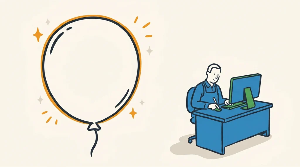 A large, shiny, empty balloon floating beside an office worker calmly using a small, genuinely useful tool: the gap between AI hype and what actually helps.