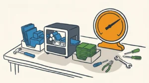 Editorial illustration: a small UK workshop bench where a newly delivered self-running machine turns a tall in-tray of raw material into a neat finished stack in the out-tray, a round sun-orange usage dial beside it — the sober arrival of a capable new piece of kit you must watch the meter on.