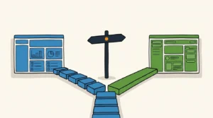 A signpost between two routes, one built from tidy modular blocks to a low-code app, the other a bespoke custom-built app: choosing between low-code and custom software.