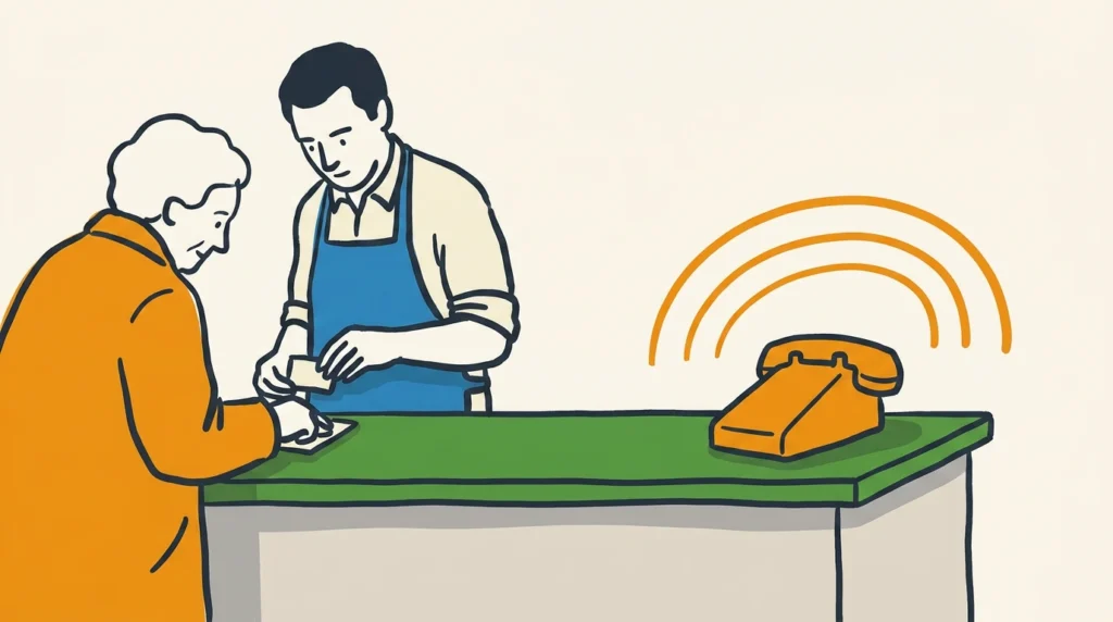 A shop owner serving a customer at the counter while a telephone rings unanswered nearby: the everyday missed call this article is about.
