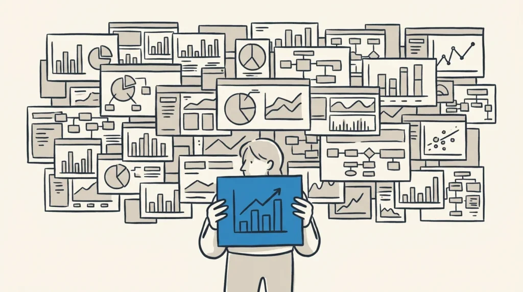 Editorial illustration: behind a small-business owner a large, busy wall of dashboards, dials and charts looms in muted tones (the hype of a big data release), while the owner calmly holds up the one simple, clear chart lifted out of it, picked out in ink blue — the single genuinely useful part of the release.