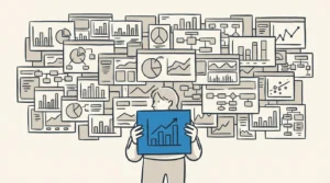 Editorial illustration: behind a small-business owner a large, busy wall of dashboards, dials and charts looms in muted tones (the hype of a big data release), while the owner calmly holds up the one simple, clear chart lifted out of it, picked out in ink blue — the single genuinely useful part of the release.